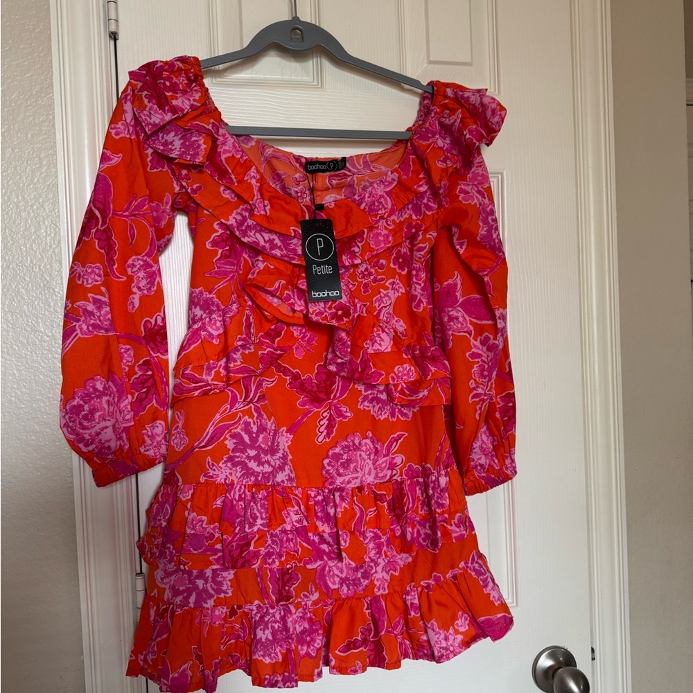 Boohoo Petite Ruffle Floral Mini Dress - Red & Pink